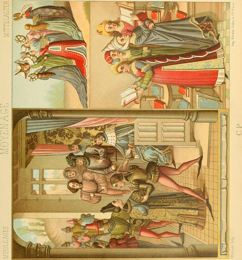 An illustration from Le costume historique. Cinq cents planches, trois cents en couleurs, or et argent, deux cents en camaieu. Types principaux du vêtement et de la parure, rapprochés de ceux de l'intérieur de l'habitation dans tous les temps et chez tous les peuples, avec de nombreux détails sur le mobilier, les armes, les objets usuels, les moyens de transport, etc, 1888, leaf 84