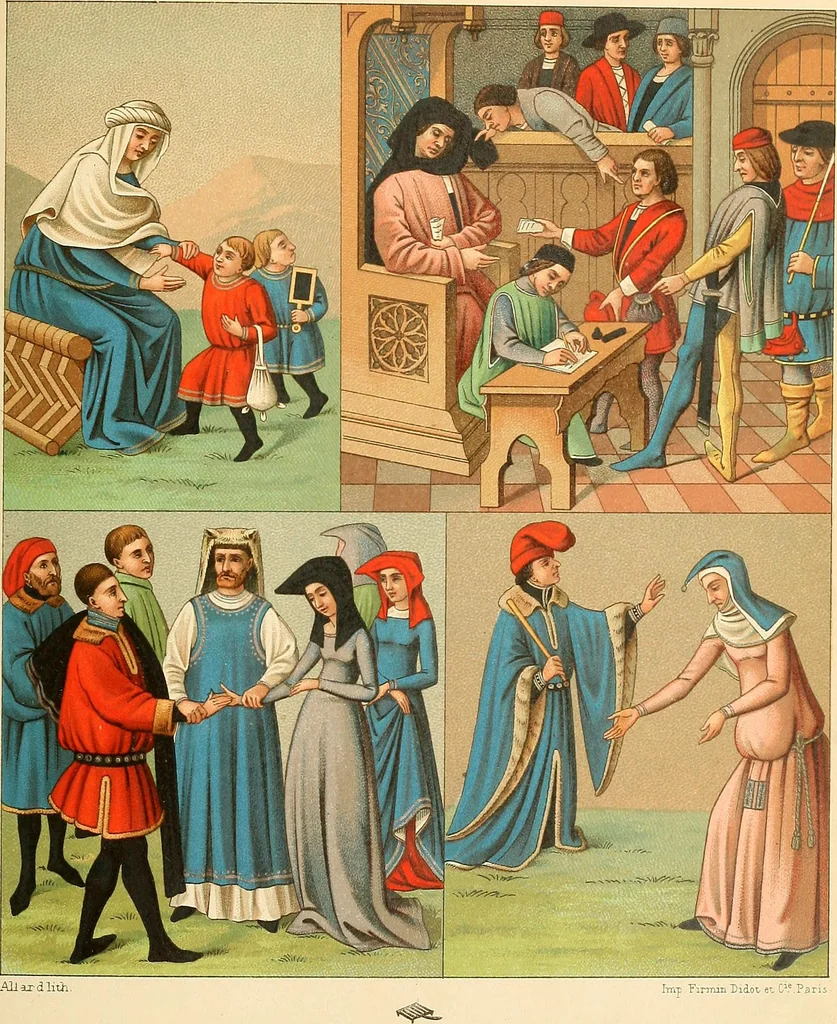 An illustration from Le costume historique. Cinq cents planches, trois cents en couleurs, or et argent, deux cents en camaieu. Types principaux du vêtement et de la parure, rapprochés de ceux de l'intérieur de l'habitation dans tous les temps et chez tous les peuples, avec de nombreux détails sur le mobilier, les armes, les objets usuels, les moyens de transport, etc, 1888, leaf 90