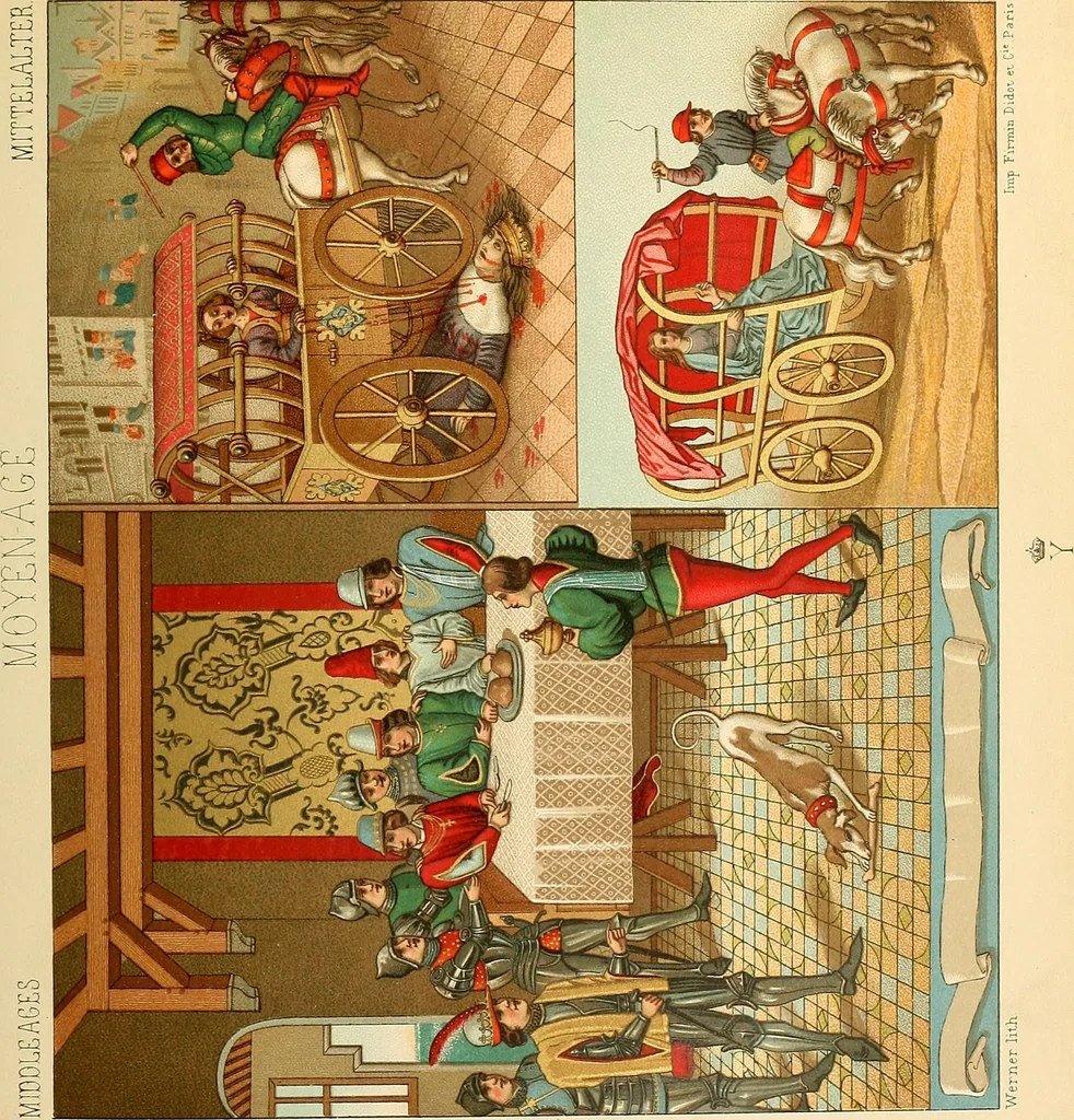 An illustration from Le costume historique. Cinq cents planches, trois cents en couleurs, or et argent, deux cents en camaieu. Types principaux du vêtement et de la parure, rapprochés de ceux de l'intérieur de l'habitation dans tous les temps et chez tous les peuples, avec de nombreux détails sur le mobilier, les armes, les objets usuels, les moyens de transport, etc, 1888, leaf 94