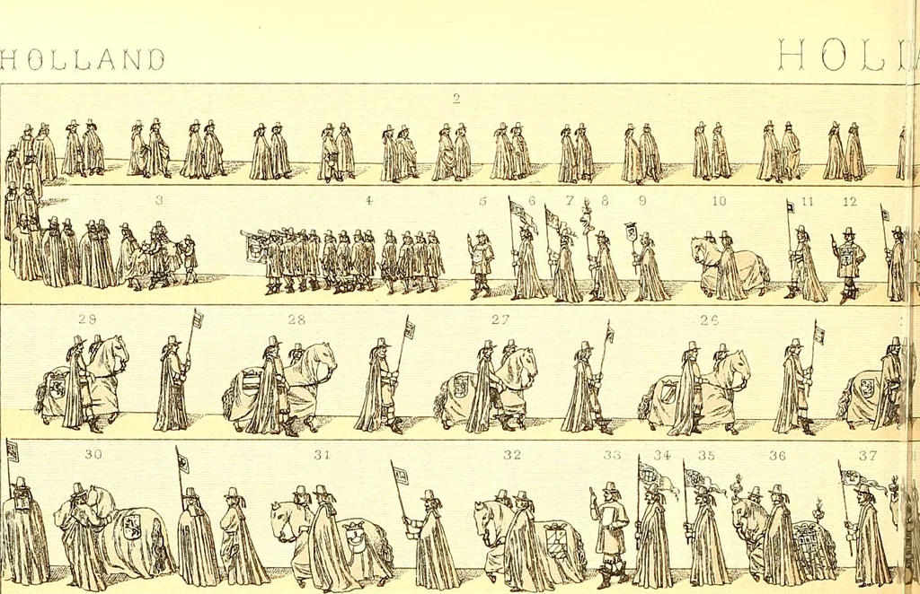 An illustration from Le costume historique. Cinq cents planches, trois cents en couleurs, or et argent, deux cents en camaieu. Types principaux du vêtement et de la parure, rapprochés de ceux de l'intérieur de l'habitation dans tous les temps et chez tous les peuples, avec de nombreux détails sur le mobilier, les armes, les objets usuels, les moyens de transport, etc, 1888, leaf 105