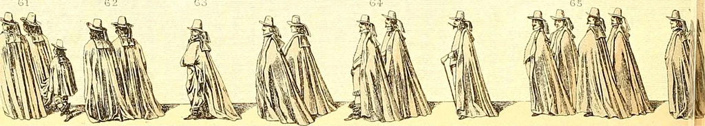 An illustration from Le costume historique. Cinq cents planches, trois cents en couleurs, or et argent, deux cents en camaieu. Types principaux du vêtement et de la parure, rapprochés de ceux de l'intérieur de l'habitation dans tous les temps et chez tous les peuples, avec de nombreux détails sur le mobilier, les armes, les objets usuels, les moyens de transport, etc, 1888, leaf 105