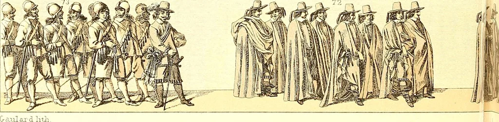 An illustration from Le costume historique. Cinq cents planches, trois cents en couleurs, or et argent, deux cents en camaieu. Types principaux du vêtement et de la parure, rapprochés de ceux de l'intérieur de l'habitation dans tous les temps et chez tous les peuples, avec de nombreux détails sur le mobilier, les armes, les objets usuels, les moyens de transport, etc, 1888, leaf 105