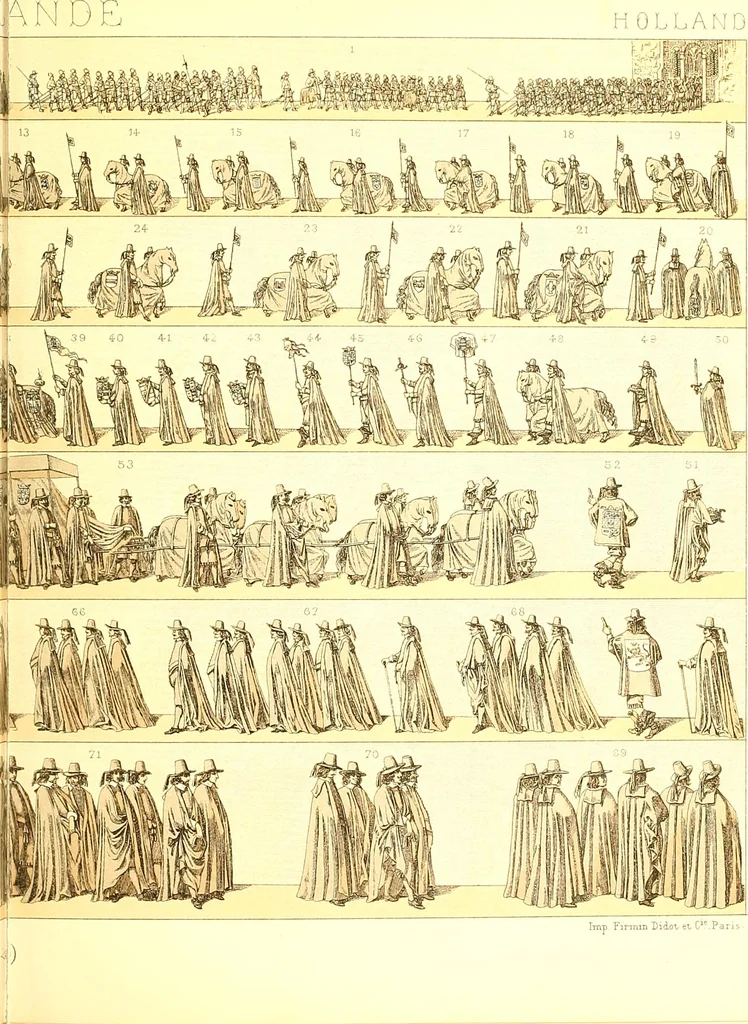 An illustration from Le costume historique. Cinq cents planches, trois cents en couleurs, or et argent, deux cents en camaieu. Types principaux du vêtement et de la parure, rapprochés de ceux de l'intérieur de l'habitation dans tous les temps et chez tous les peuples, avec de nombreux détails sur le mobilier, les armes, les objets usuels, les moyens de transport, etc, 1888, leaf 106