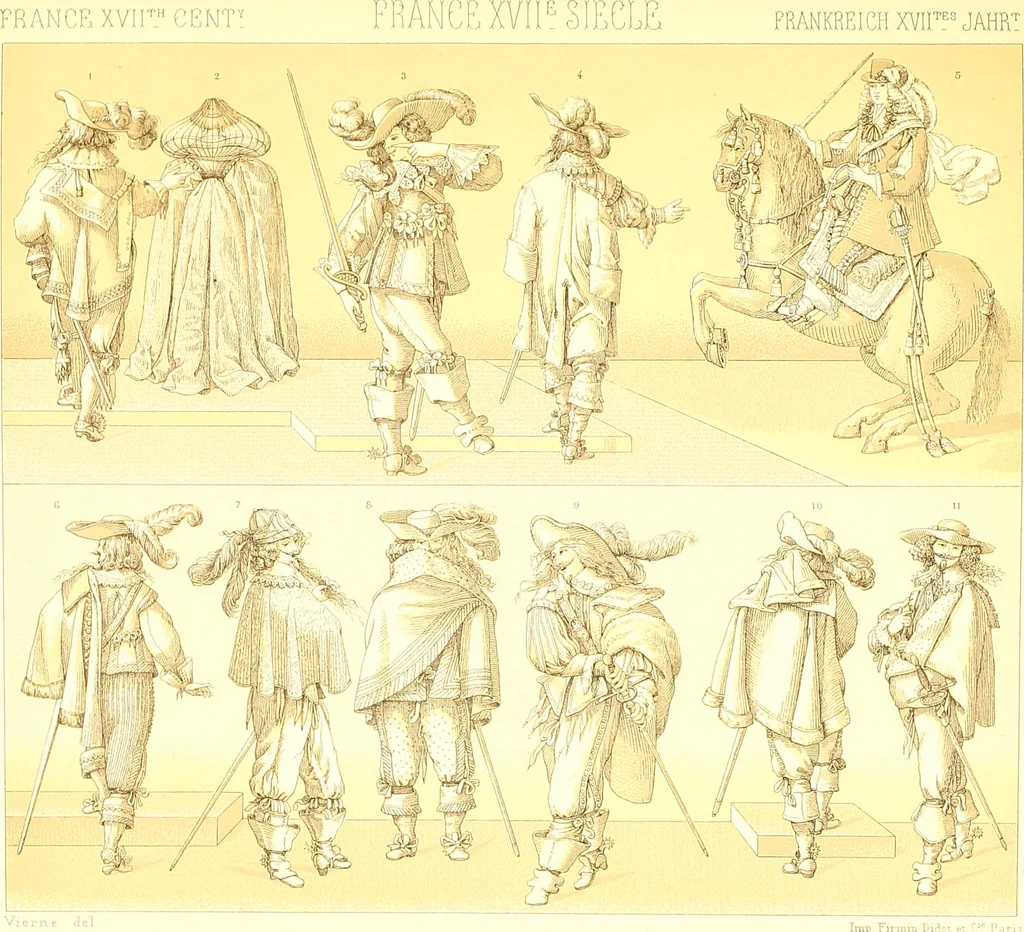 An illustration from Le costume historique. Cinq cents planches, trois cents en couleurs, or et argent, deux cents en camaieu. Types principaux du vêtement et de la parure, rapprochés de ceux de l'intérieur de l'habitation dans tous les temps et chez tous les peuples, avec de nombreux détails sur le mobilier, les armes, les objets usuels, les moyens de transport, etc, 1888, leaf 114