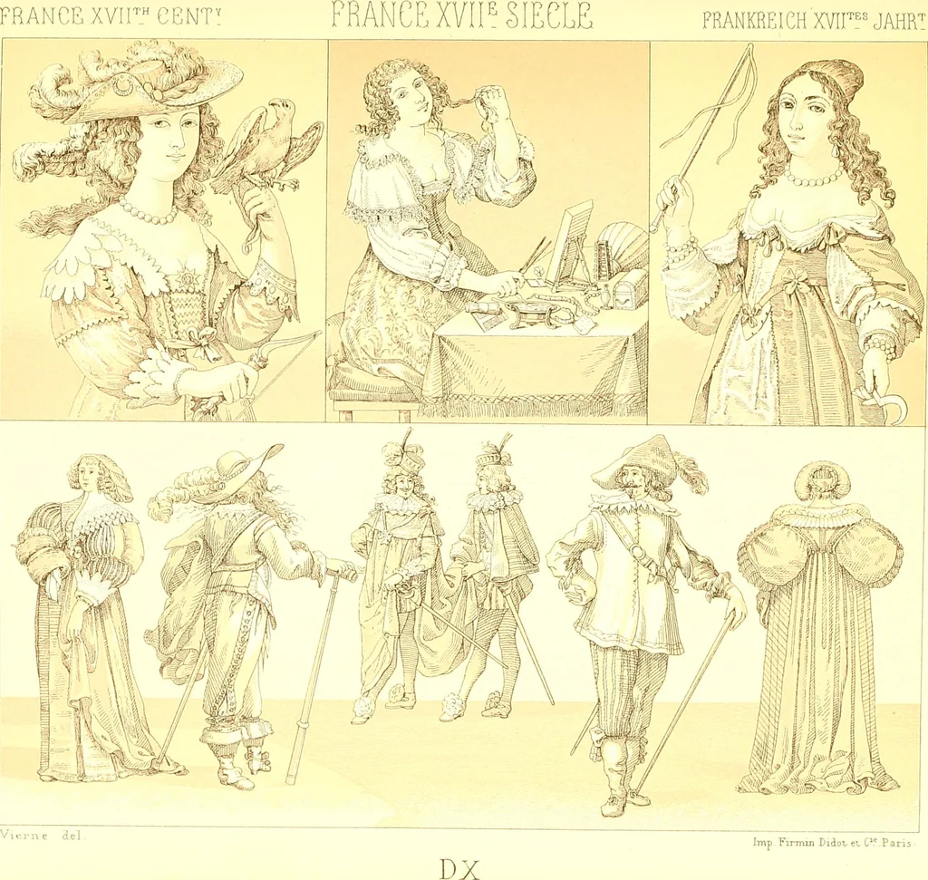An illustration from Le costume historique. Cinq cents planches, trois cents en couleurs, or et argent, deux cents en camaieu. Types principaux du vêtement et de la parure, rapprochés de ceux de l'intérieur de l'habitation dans tous les temps et chez tous les peuples, avec de nombreux détails sur le mobilier, les armes, les objets usuels, les moyens de transport, etc, 1888, leaf 120