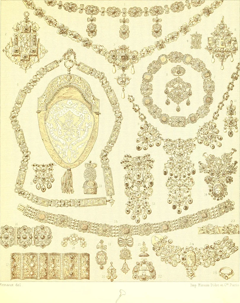 An illustration from Le costume historique. Cinq cents planches, trois cents en couleurs, or et argent, deux cents en camaieu. Types principaux du vêtement et de la parure, rapprochés de ceux de l'intérieur de l'habitation dans tous les temps et chez tous les peuples, avec de nombreux détails sur le mobilier, les armes, les objets usuels, les moyens de transport, etc, 1888, leaf 138