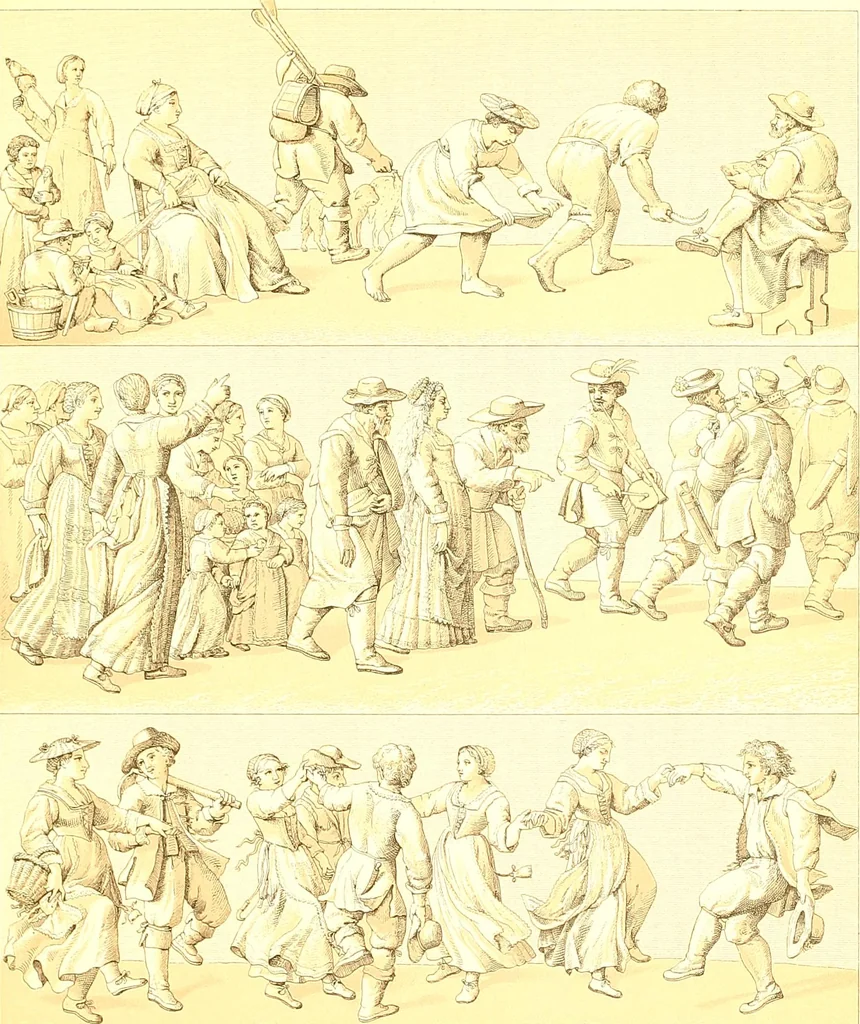 An illustration from Le costume historique. Cinq cents planches, trois cents en couleurs, or et argent, deux cents en camaieu. Types principaux du vêtement et de la parure, rapprochés de ceux de l'intérieur de l'habitation dans tous les temps et chez tous les peuples, avec de nombreux détails sur le mobilier, les armes, les objets usuels, les moyens de transport, etc, 1888, leaf 142