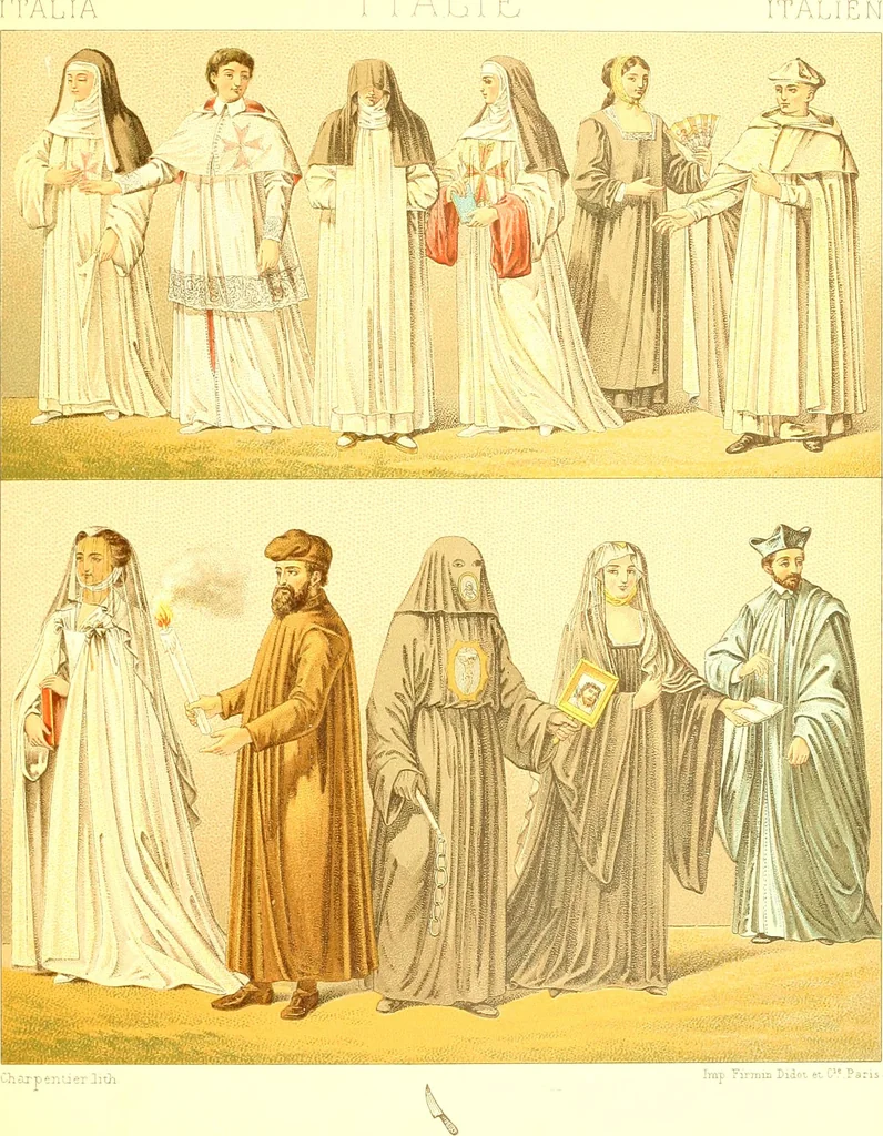 An illustration from Le costume historique. Cinq cents planches, trois cents en couleurs, or et argent, deux cents en camaieu. Types principaux du vêtement et de la parure, rapprochés de ceux de l'intérieur de l'habitation dans tous les temps et chez tous les peuples, avec de nombreux détails sur le mobilier, les armes, les objets usuels, les moyens de transport, etc, 1888, leaf 148