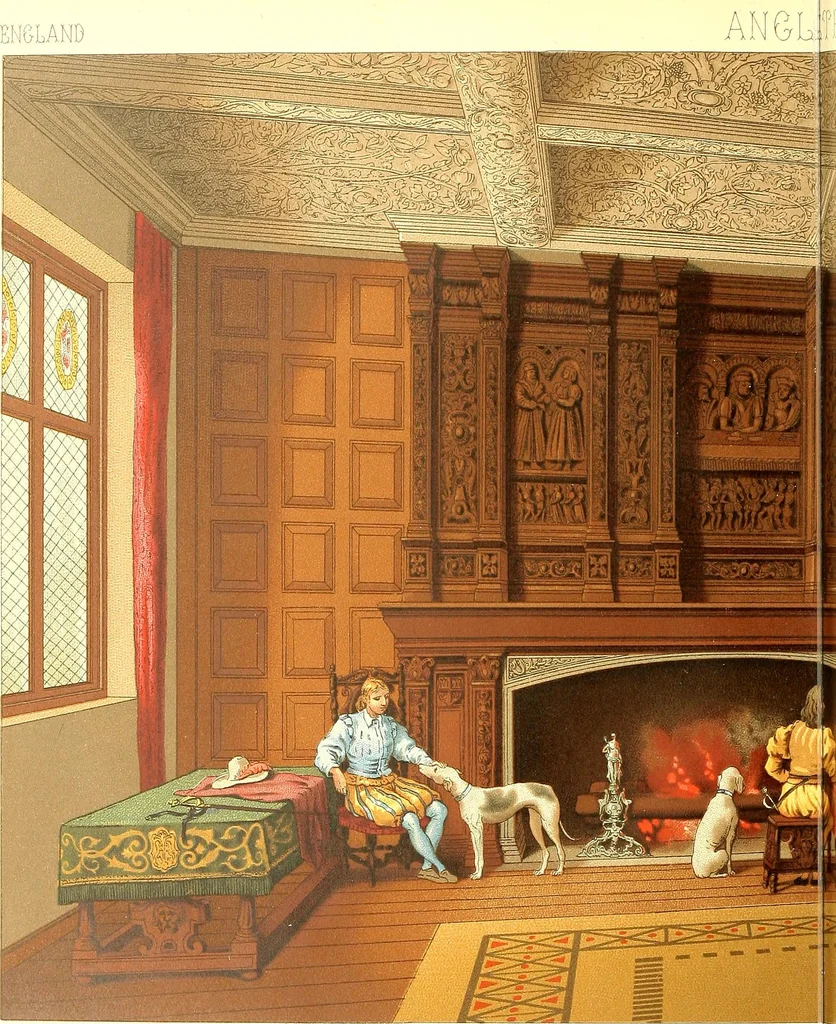 An illustration from Le costume historique. Cinq cents planches, trois cents en couleurs, or et argent, deux cents en camaieu. Types principaux du vêtement et de la parure, rapprochés de ceux de l'intérieur de l'habitation dans tous les temps et chez tous les peuples, avec de nombreux détails sur le mobilier, les armes, les objets usuels, les moyens de transport, etc, 1888, leaf 15