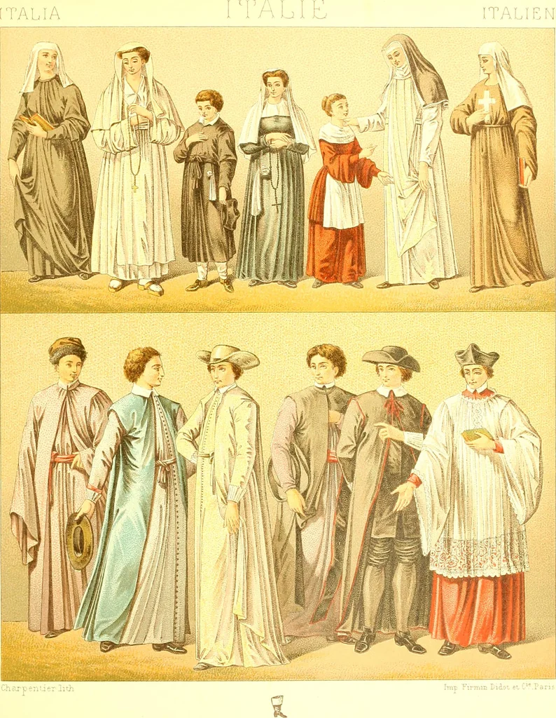 An illustration from Le costume historique. Cinq cents planches, trois cents en couleurs, or et argent, deux cents en camaieu. Types principaux du vêtement et de la parure, rapprochés de ceux de l'intérieur de l'habitation dans tous les temps et chez tous les peuples, avec de nombreux détails sur le mobilier, les armes, les objets usuels, les moyens de transport, etc, 1888, leaf 152