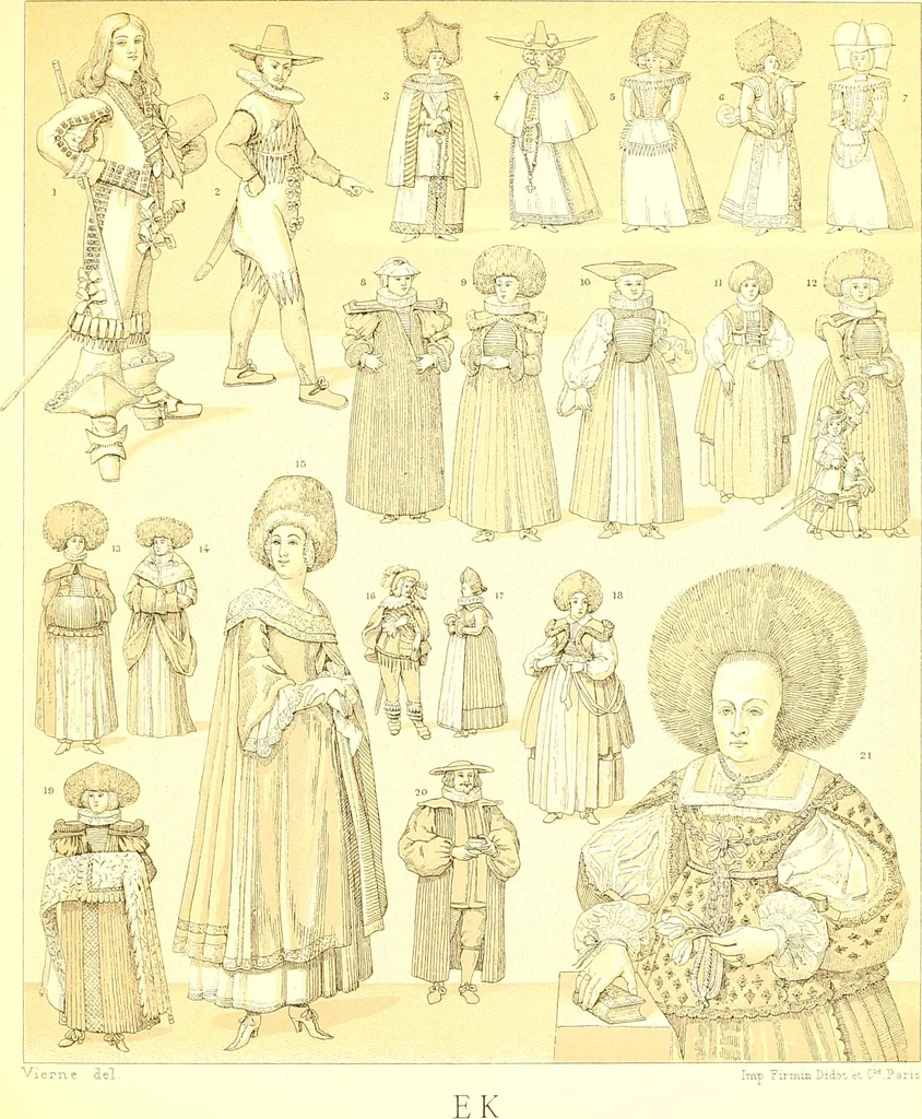 An illustration from Le costume historique. Cinq cents planches, trois cents en couleurs, or et argent, deux cents en camaieu. Types principaux du vêtement et de la parure, rapprochés de ceux de l'intérieur de l'habitation dans tous les temps et chez tous les peuples, avec de nombreux détails sur le mobilier, les armes, les objets usuels, les moyens de transport, etc, 1888, leaf 164