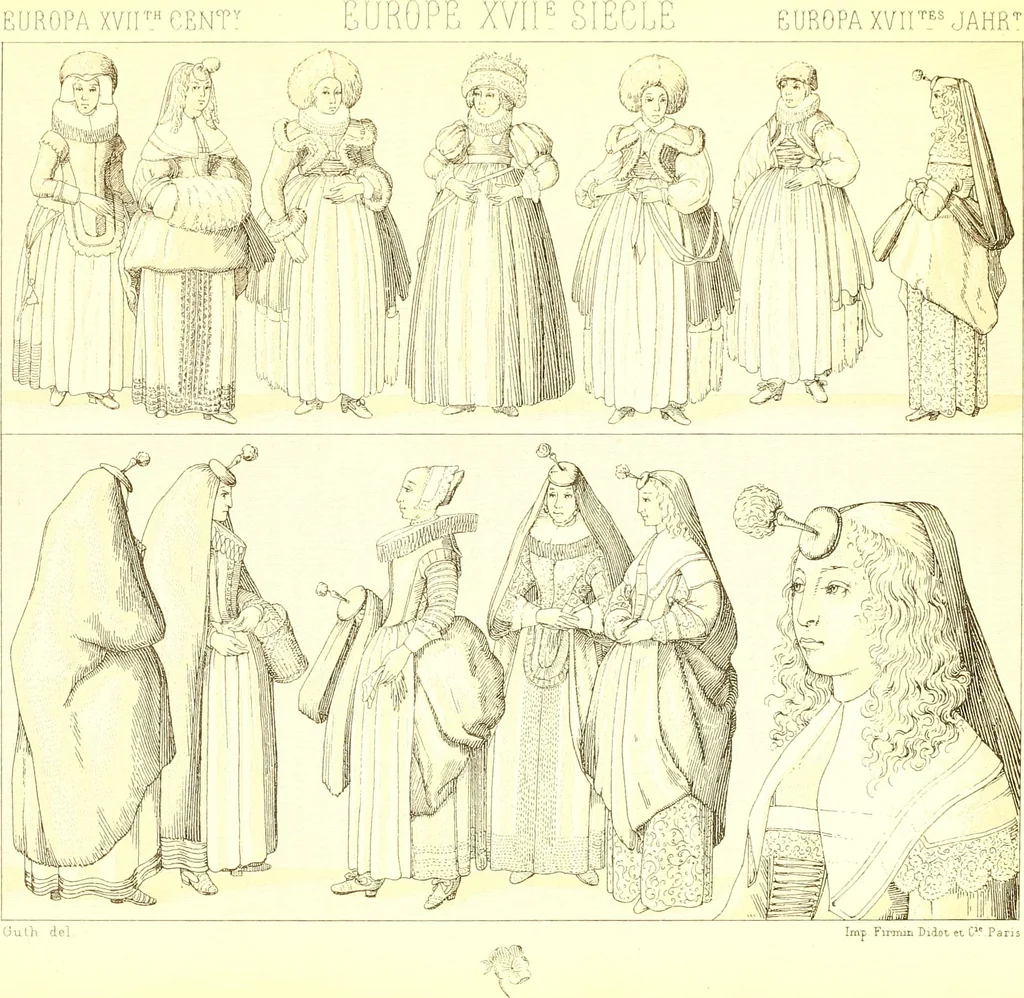 An illustration from Le costume historique. Cinq cents planches, trois cents en couleurs, or et argent, deux cents en camaieu. Types principaux du vêtement et de la parure, rapprochés de ceux de l'intérieur de l'habitation dans tous les temps et chez tous les peuples, avec de nombreux détails sur le mobilier, les armes, les objets usuels, les moyens de transport, etc, 1888, leaf 174