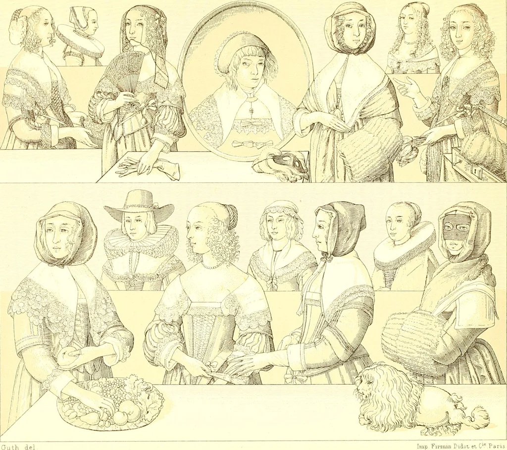 An illustration from Le costume historique. Cinq cents planches, trois cents en couleurs, or et argent, deux cents en camaieu. Types principaux du vêtement et de la parure, rapprochés de ceux de l'intérieur de l'habitation dans tous les temps et chez tous les peuples, avec de nombreux détails sur le mobilier, les armes, les objets usuels, les moyens de transport, etc, 1888, leaf 176