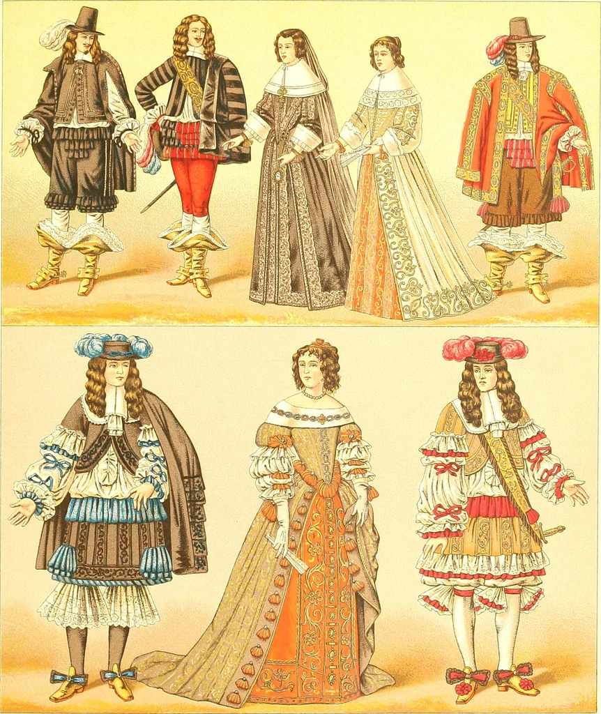 An illustration from Le costume historique. Cinq cents planches, trois cents en couleurs, or et argent, deux cents en camaieu. Types principaux du vêtement et de la parure, rapprochés de ceux de l'intérieur de l'habitation dans tous les temps et chez tous les peuples, avec de nombreux détails sur le mobilier, les armes, les objets usuels, les moyens de transport, etc, 1888, leaf 182