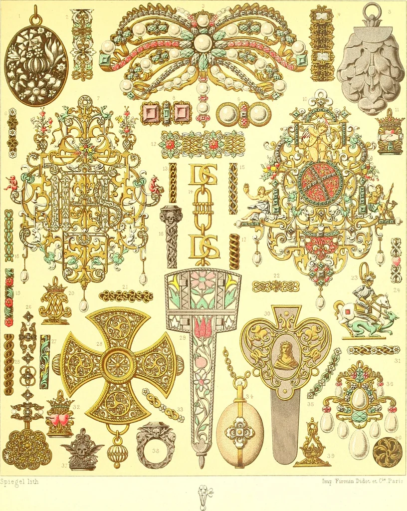 An illustration from Le costume historique. Cinq cents planches, trois cents en couleurs, or et argent, deux cents en camaieu. Types principaux du vêtement et de la parure, rapprochés de ceux de l'intérieur de l'habitation dans tous les temps et chez tous les peuples, avec de nombreux détails sur le mobilier, les armes, les objets usuels, les moyens de transport, etc, 1888, leaf 188
