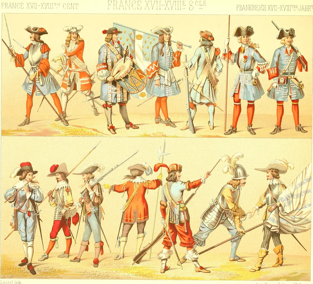 An illustration from Le costume historique. Cinq cents planches, trois cents en couleurs, or et argent, deux cents en camaieu. Types principaux du vêtement et de la parure, rapprochés de ceux de l'intérieur de l'habitation dans tous les temps et chez tous les peuples, avec de nombreux détails sur le mobilier, les armes, les objets usuels, les moyens de transport, etc, 1888, leaf 192