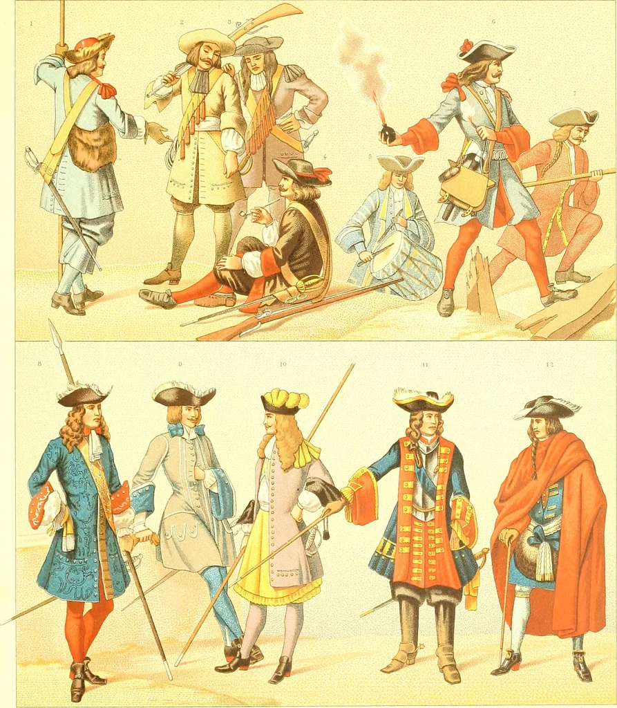 An illustration from Le costume historique. Cinq cents planches, trois cents en couleurs, or et argent, deux cents en camaieu. Types principaux du vêtement et de la parure, rapprochés de ceux de l'intérieur de l'habitation dans tous les temps et chez tous les peuples, avec de nombreux détails sur le mobilier, les armes, les objets usuels, les moyens de transport, etc, 1888, leaf 198