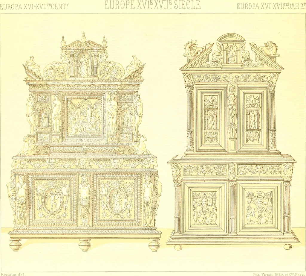 An illustration from Le costume historique. Cinq cents planches, trois cents en couleurs, or et argent, deux cents en camaieu. Types principaux du vêtement et de la parure, rapprochés de ceux de l'intérieur de l'habitation dans tous les temps et chez tous les peuples, avec de nombreux détails sur le mobilier, les armes, les objets usuels, les moyens de transport, etc, 1888, leaf 20