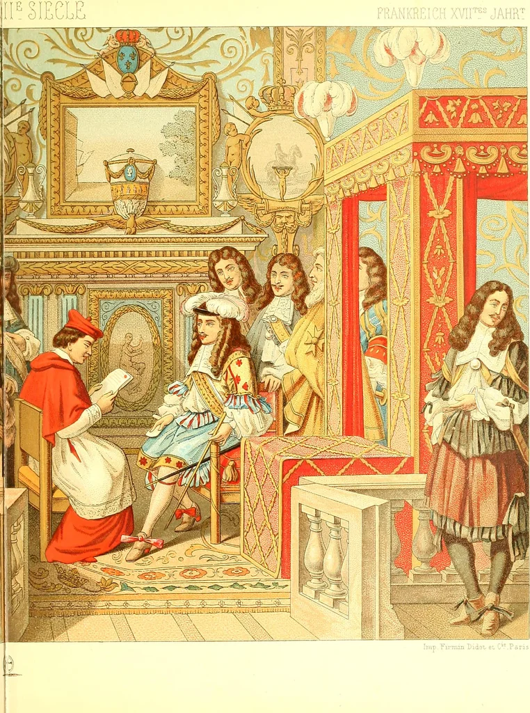 An illustration from Le costume historique. Cinq cents planches, trois cents en couleurs, or et argent, deux cents en camaieu. Types principaux du vêtement et de la parure, rapprochés de ceux de l'intérieur de l'habitation dans tous les temps et chez tous les peuples, avec de nombreux détails sur le mobilier, les armes, les objets usuels, les moyens de transport, etc, 1888, leaf 206