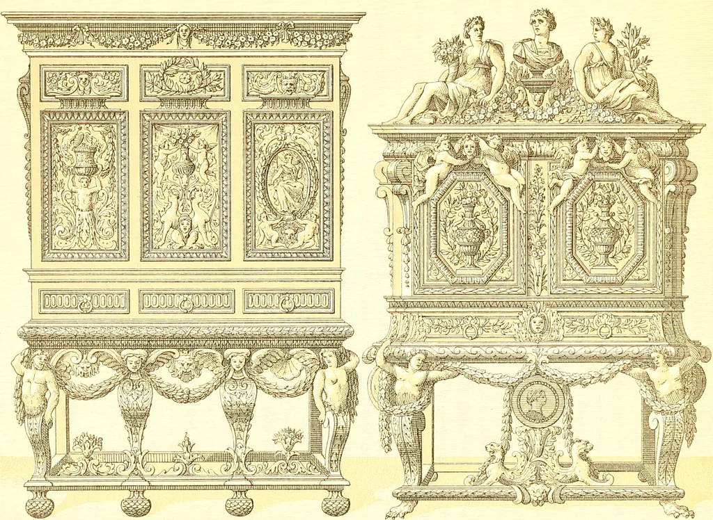 An illustration from Le costume historique. Cinq cents planches, trois cents en couleurs, or et argent, deux cents en camaieu. Types principaux du vêtement et de la parure, rapprochés de ceux de l'intérieur de l'habitation dans tous les temps et chez tous les peuples, avec de nombreux détails sur le mobilier, les armes, les objets usuels, les moyens de transport, etc, 1888, leaf 210