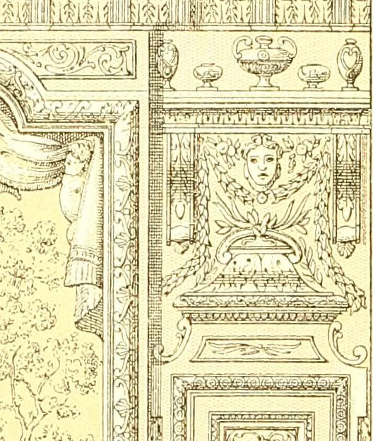 An illustration from Le costume historique. Cinq cents planches, trois cents en couleurs, or et argent, deux cents en camaieu. Types principaux du vêtement et de la parure, rapprochés de ceux de l'intérieur de l'habitation dans tous les temps et chez tous les peuples, avec de nombreux détails sur le mobilier, les armes, les objets usuels, les moyens de transport, etc, 1888, leaf 214