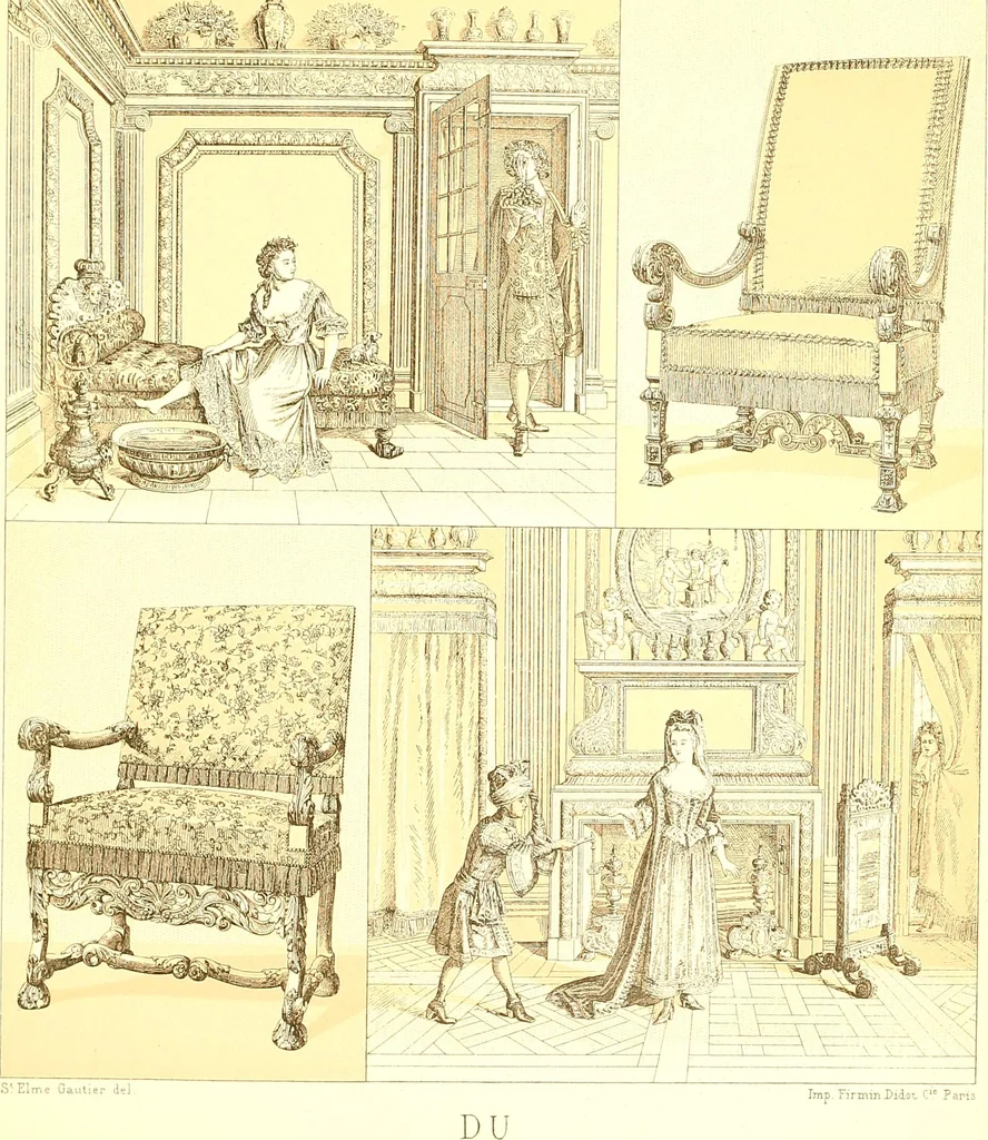 An illustration from Le costume historique. Cinq cents planches, trois cents en couleurs, or et argent, deux cents en camaieu. Types principaux du vêtement et de la parure, rapprochés de ceux de l'intérieur de l'habitation dans tous les temps et chez tous les peuples, avec de nombreux détails sur le mobilier, les armes, les objets usuels, les moyens de transport, etc, 1888, leaf 218