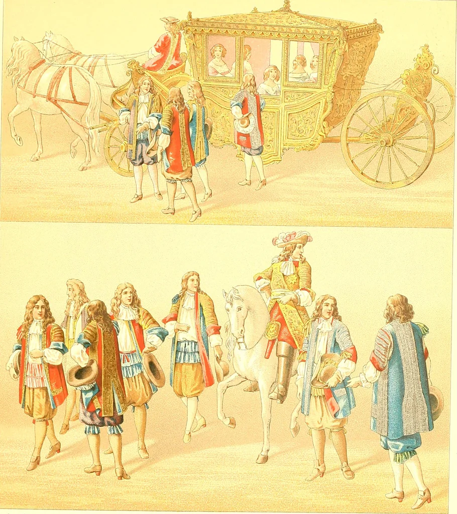 An illustration from Le costume historique. Cinq cents planches, trois cents en couleurs, or et argent, deux cents en camaieu. Types principaux du vêtement et de la parure, rapprochés de ceux de l'intérieur de l'habitation dans tous les temps et chez tous les peuples, avec de nombreux détails sur le mobilier, les armes, les objets usuels, les moyens de transport, etc, 1888, leaf 226