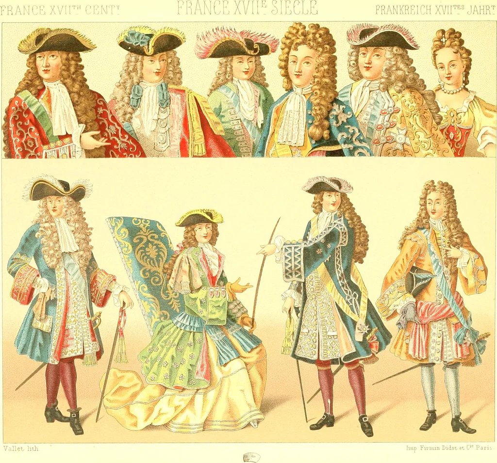 An illustration from Le costume historique. Cinq cents planches, trois cents en couleurs, or et argent, deux cents en camaieu. Types principaux du vêtement et de la parure, rapprochés de ceux de l'intérieur de l'habitation dans tous les temps et chez tous les peuples, avec de nombreux détails sur le mobilier, les armes, les objets usuels, les moyens de transport, etc, 1888, leaf 234