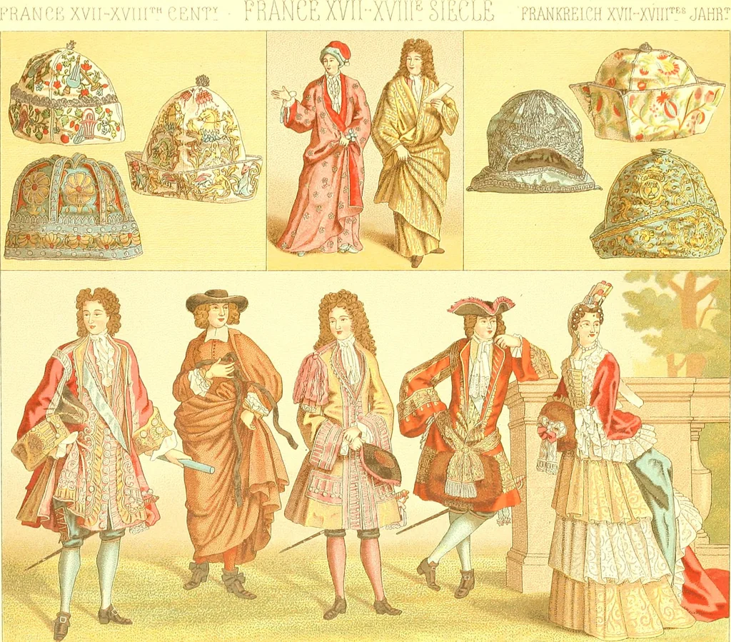 An illustration from Le costume historique. Cinq cents planches, trois cents en couleurs, or et argent, deux cents en camaieu. Types principaux du vêtement et de la parure, rapprochés de ceux de l'intérieur de l'habitation dans tous les temps et chez tous les peuples, avec de nombreux détails sur le mobilier, les armes, les objets usuels, les moyens de transport, etc, 1888, leaf 240