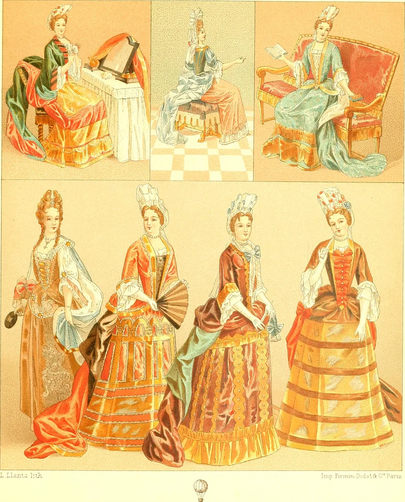 An illustration from Le costume historique. Cinq cents planches, trois cents en couleurs, or et argent, deux cents en camaieu. Types principaux du vêtement et de la parure, rapprochés de ceux de l'intérieur de l'habitation dans tous les temps et chez tous les peuples, avec de nombreux détails sur le mobilier, les armes, les objets usuels, les moyens de transport, etc, 1888, leaf 246