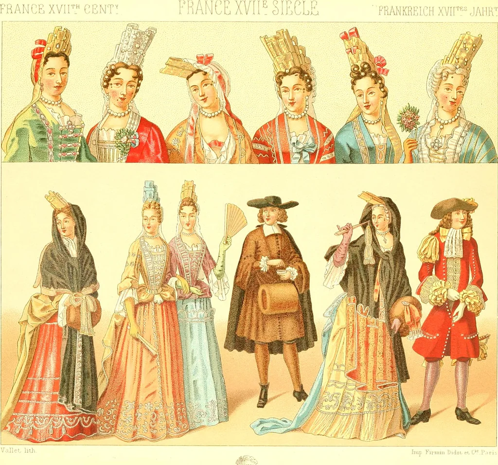 An illustration from Le costume historique. Cinq cents planches, trois cents en couleurs, or et argent, deux cents en camaieu. Types principaux du vêtement et de la parure, rapprochés de ceux de l'intérieur de l'habitation dans tous les temps et chez tous les peuples, avec de nombreux détails sur le mobilier, les armes, les objets usuels, les moyens de transport, etc, 1888, leaf 250