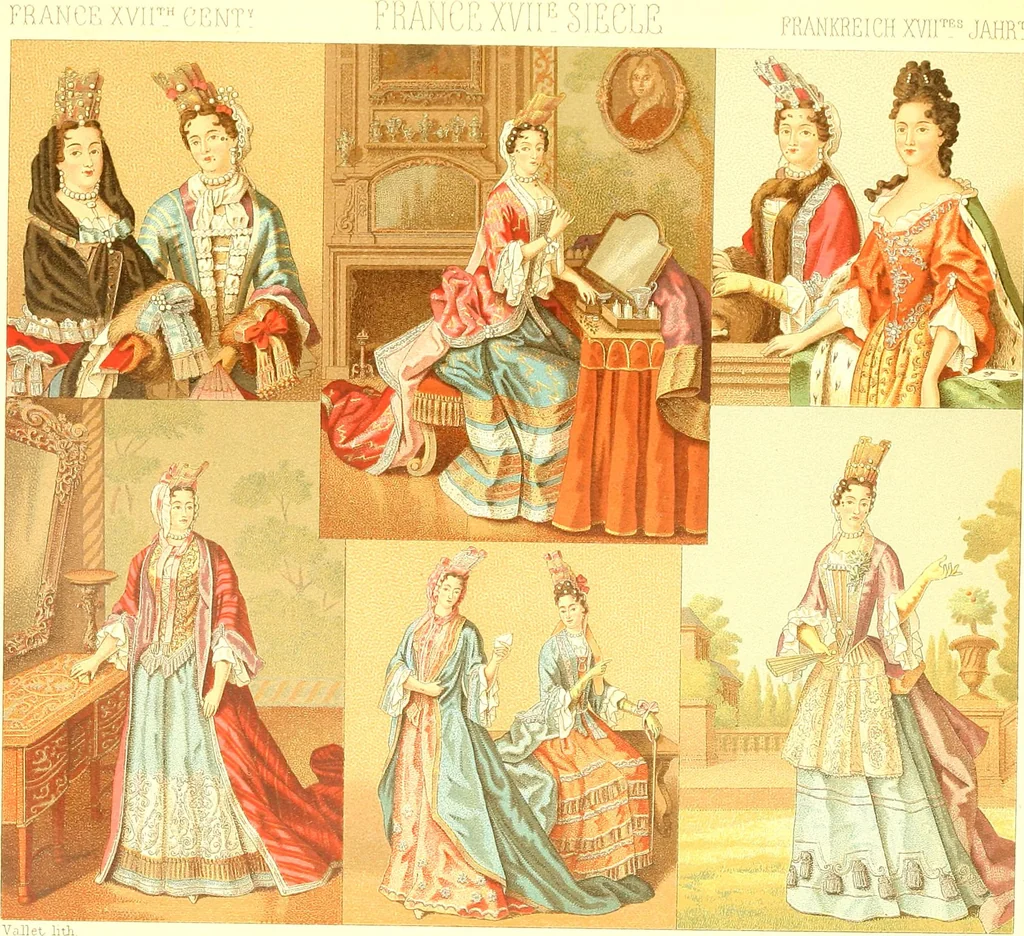 An illustration from Le costume historique. Cinq cents planches, trois cents en couleurs, or et argent, deux cents en camaieu. Types principaux du vêtement et de la parure, rapprochés de ceux de l'intérieur de l'habitation dans tous les temps et chez tous les peuples, avec de nombreux détails sur le mobilier, les armes, les objets usuels, les moyens de transport, etc, 1888, leaf 256