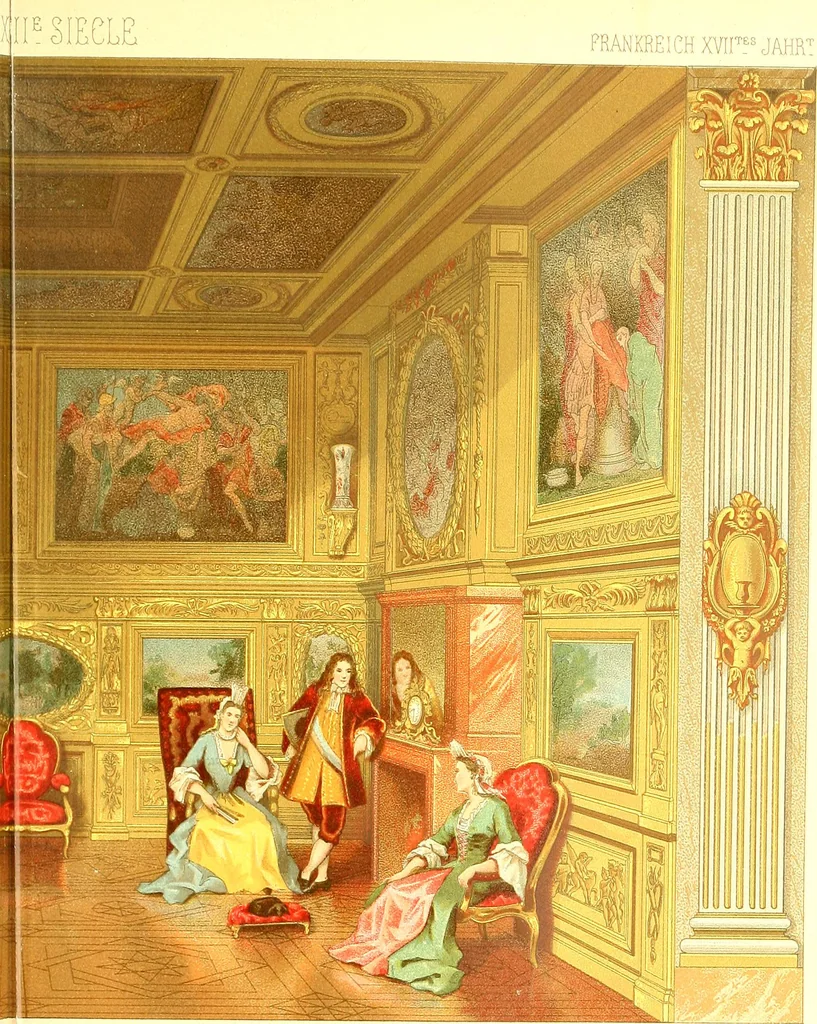 An illustration from Le costume historique. Cinq cents planches, trois cents en couleurs, or et argent, deux cents en camaieu. Types principaux du vêtement et de la parure, rapprochés de ceux de l'intérieur de l'habitation dans tous les temps et chez tous les peuples, avec de nombreux détails sur le mobilier, les armes, les objets usuels, les moyens de transport, etc, 1888, leaf 262