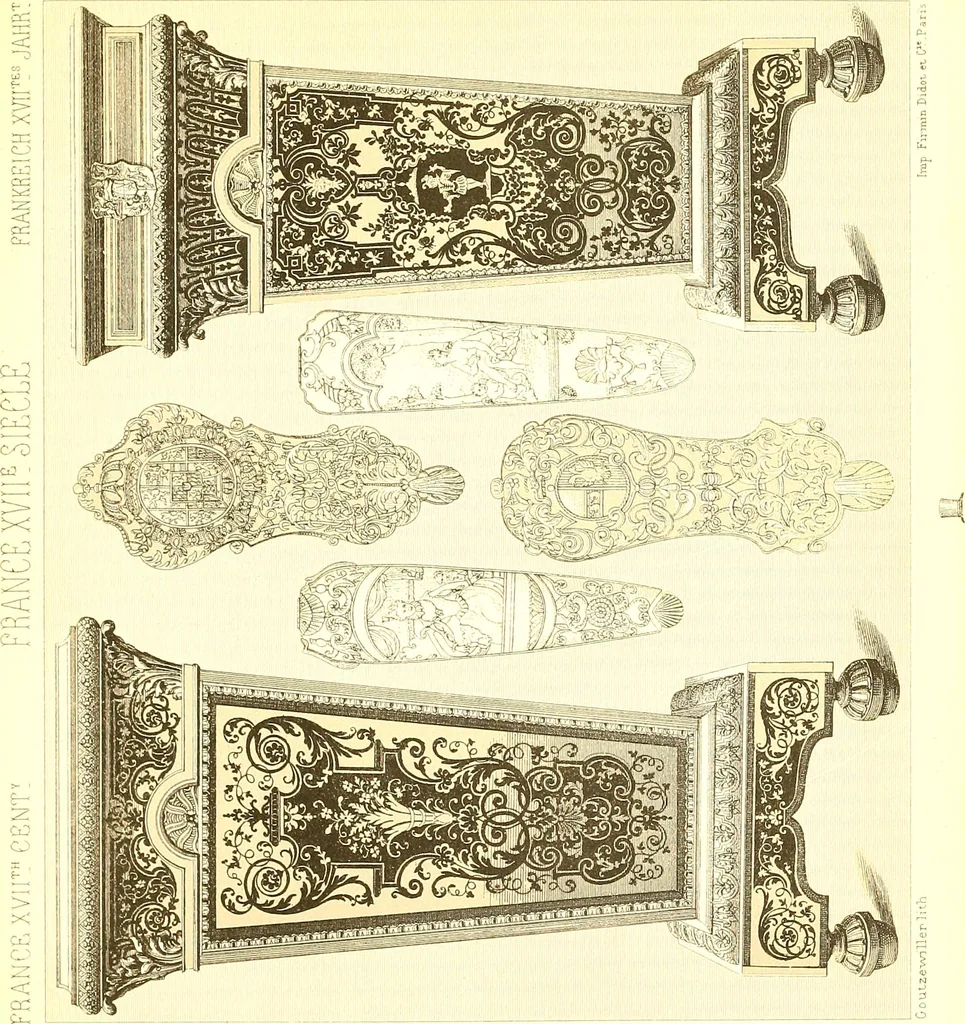 An illustration from Le costume historique. Cinq cents planches, trois cents en couleurs, or et argent, deux cents en camaieu. Types principaux du vêtement et de la parure, rapprochés de ceux de l'intérieur de l'habitation dans tous les temps et chez tous les peuples, avec de nombreux détails sur le mobilier, les armes, les objets usuels, les moyens de transport, etc, 1888, leaf 268