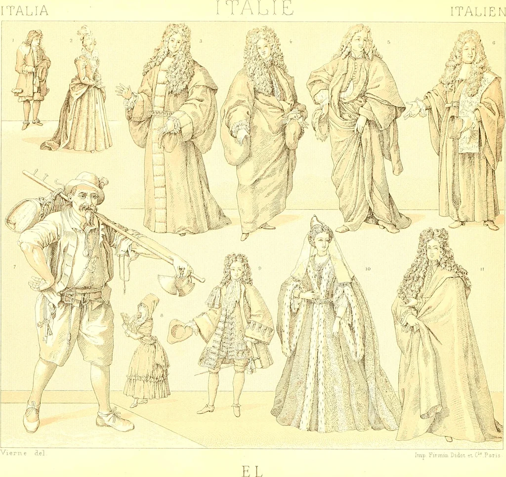 An illustration from Le costume historique. Cinq cents planches, trois cents en couleurs, or et argent, deux cents en camaieu. Types principaux du vêtement et de la parure, rapprochés de ceux de l'intérieur de l'habitation dans tous les temps et chez tous les peuples, avec de nombreux détails sur le mobilier, les armes, les objets usuels, les moyens de transport, etc, 1888, leaf 274