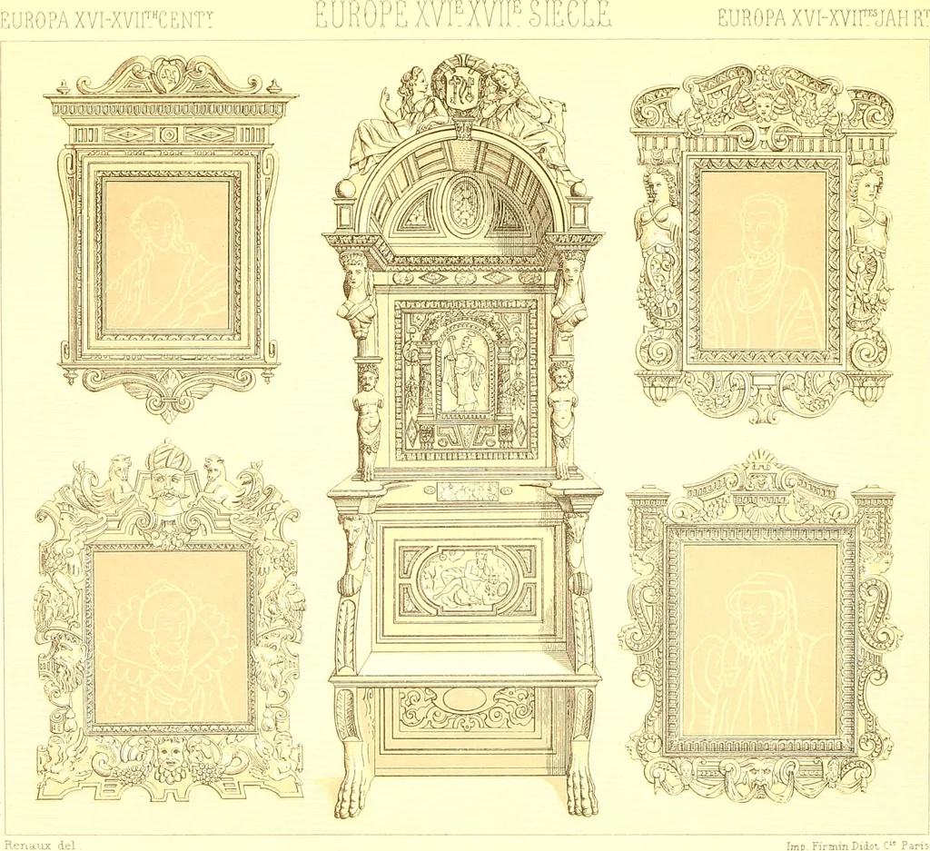 An illustration from Le costume historique. Cinq cents planches, trois cents en couleurs, or et argent, deux cents en camaieu. Types principaux du vêtement et de la parure, rapprochés de ceux de l'intérieur de l'habitation dans tous les temps et chez tous les peuples, avec de nombreux détails sur le mobilier, les armes, les objets usuels, les moyens de transport, etc, 1888, leaf 28