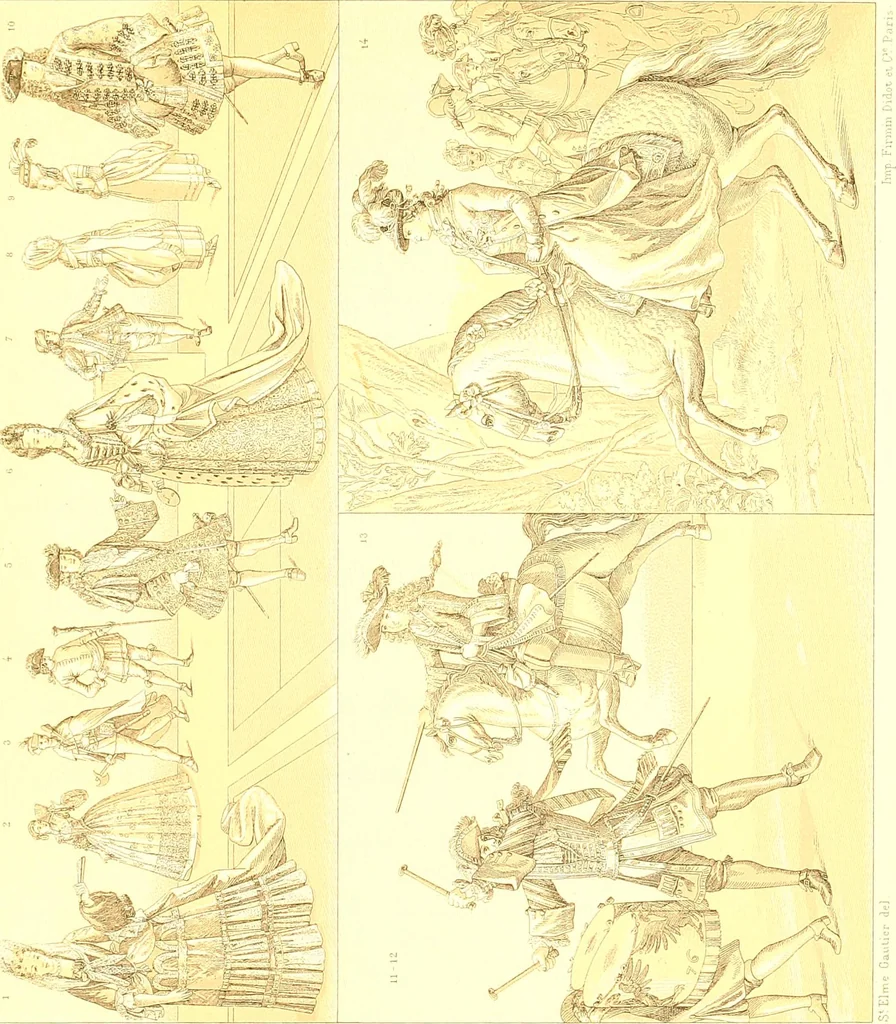 An illustration from Le costume historique. Cinq cents planches, trois cents en couleurs, or et argent, deux cents en camaieu. Types principaux du vêtement et de la parure, rapprochés de ceux de l'intérieur de l'habitation dans tous les temps et chez tous les peuples, avec de nombreux détails sur le mobilier, les armes, les objets usuels, les moyens de transport, etc, 1888, leaf 280