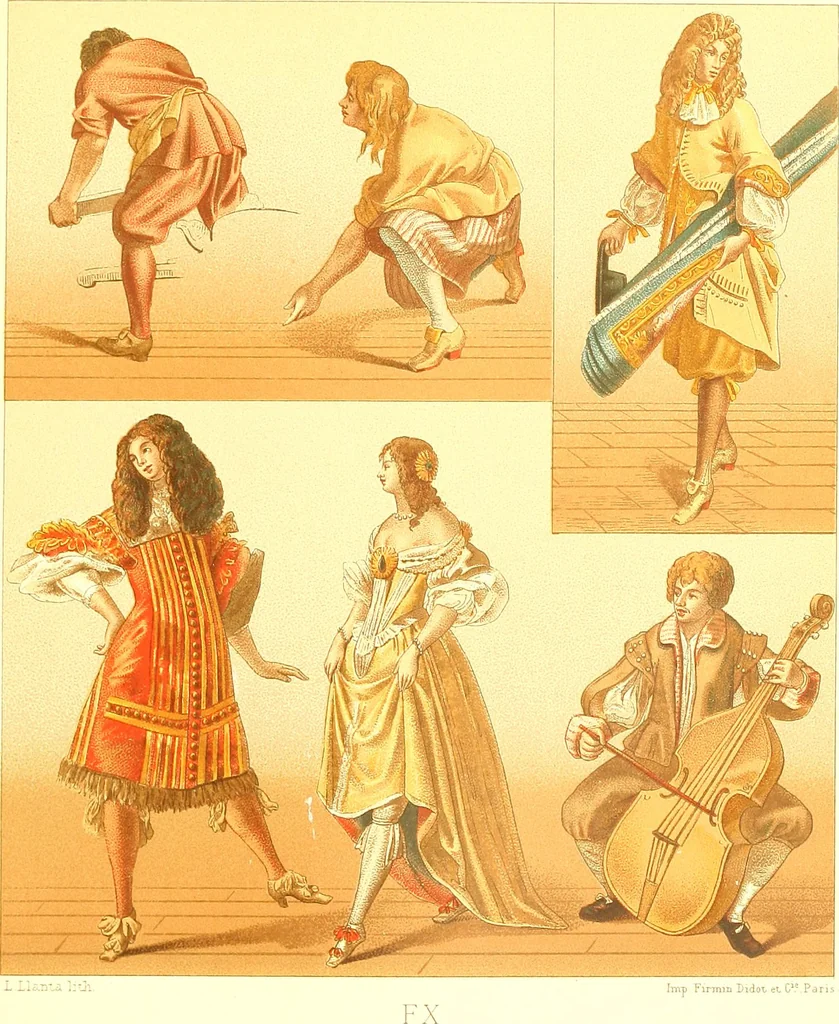 An illustration from Le costume historique. Cinq cents planches, trois cents en couleurs, or et argent, deux cents en camaieu. Types principaux du vêtement et de la parure, rapprochés de ceux de l'intérieur de l'habitation dans tous les temps et chez tous les peuples, avec de nombreux détails sur le mobilier, les armes, les objets usuels, les moyens de transport, etc, 1888, leaf 292