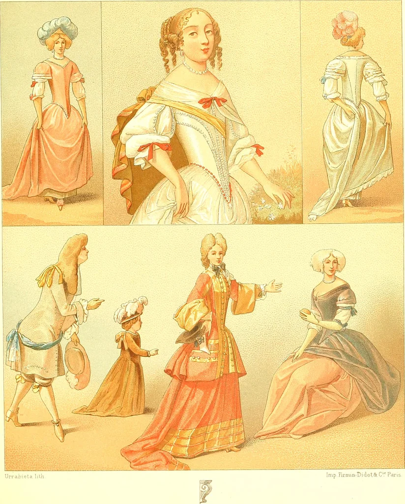 An illustration from Le costume historique. Cinq cents planches, trois cents en couleurs, or et argent, deux cents en camaieu. Types principaux du vêtement et de la parure, rapprochés de ceux de l'intérieur de l'habitation dans tous les temps et chez tous les peuples, avec de nombreux détails sur le mobilier, les armes, les objets usuels, les moyens de transport, etc, 1888, leaf 296