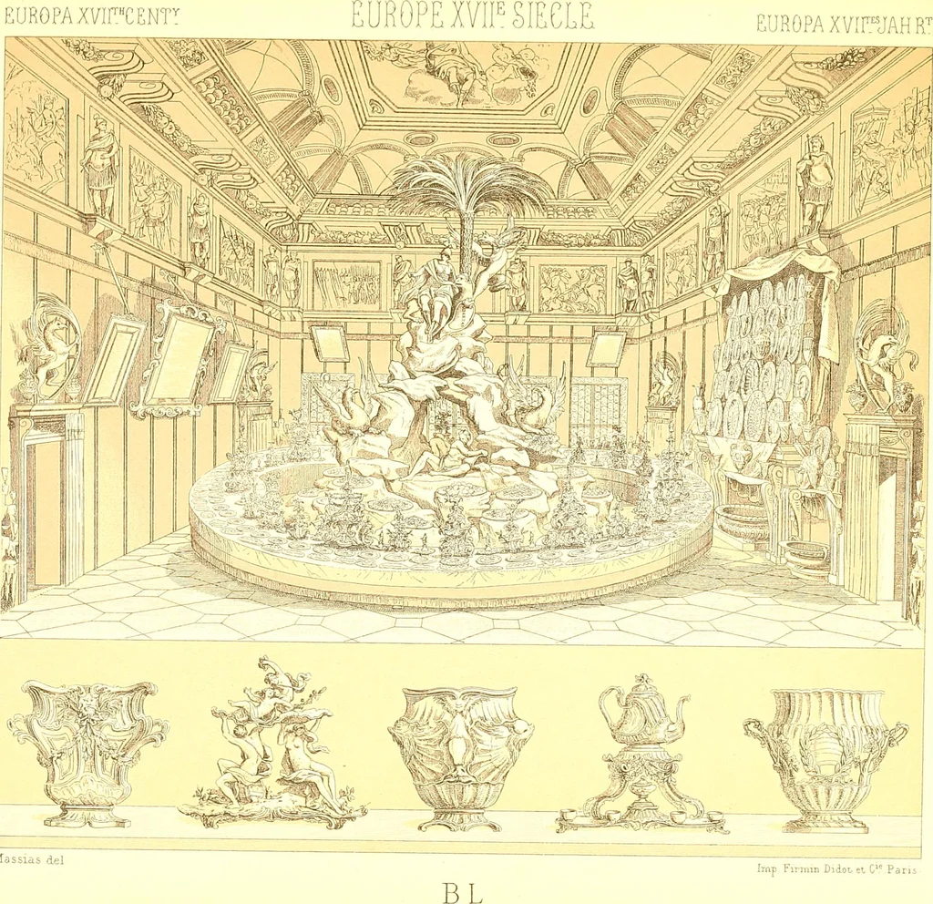 An illustration from Le costume historique. Cinq cents planches, trois cents en couleurs, or et argent, deux cents en camaieu. Types principaux du vêtement et de la parure, rapprochés de ceux de l'intérieur de l'habitation dans tous les temps et chez tous les peuples, avec de nombreux détails sur le mobilier, les armes, les objets usuels, les moyens de transport, etc, 1888, leaf 306