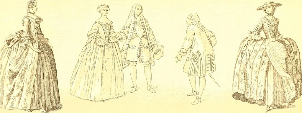 An illustration from Le costume historique. Cinq cents planches, trois cents en couleurs, or et argent, deux cents en camaieu. Types principaux du vêtement et de la parure, rapprochés de ceux de l'intérieur de l'habitation dans tous les temps et chez tous les peuples, avec de nombreux détails sur le mobilier, les armes, les objets usuels, les moyens de transport, etc, 1888, leaf 314