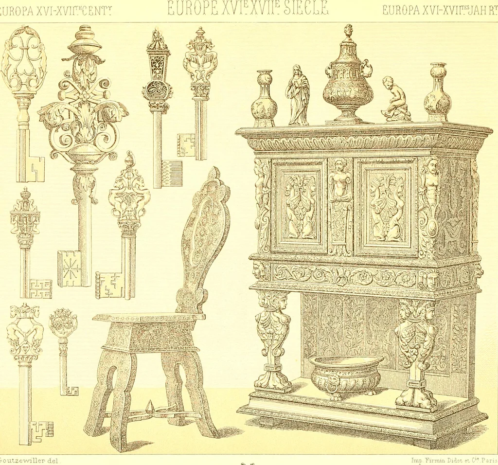 An illustration from Le costume historique. Cinq cents planches, trois cents en couleurs, or et argent, deux cents en camaieu. Types principaux du vêtement et de la parure, rapprochés de ceux de l'intérieur de l'habitation dans tous les temps et chez tous les peuples, avec de nombreux détails sur le mobilier, les armes, les objets usuels, les moyens de transport, etc, 1888, leaf 32
