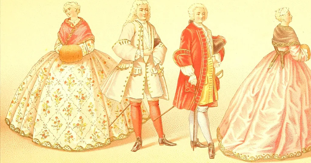 An illustration from Le costume historique. Cinq cents planches, trois cents en couleurs, or et argent, deux cents en camaieu. Types principaux du vêtement et de la parure, rapprochés de ceux de l'intérieur de l'habitation dans tous les temps et chez tous les peuples, avec de nombreux détails sur le mobilier, les armes, les objets usuels, les moyens de transport, etc, 1888, leaf 320