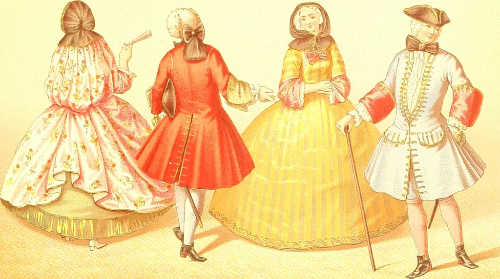 An illustration from Le costume historique. Cinq cents planches, trois cents en couleurs, or et argent, deux cents en camaieu. Types principaux du vêtement et de la parure, rapprochés de ceux de l'intérieur de l'habitation dans tous les temps et chez tous les peuples, avec de nombreux détails sur le mobilier, les armes, les objets usuels, les moyens de transport, etc, 1888, leaf 320