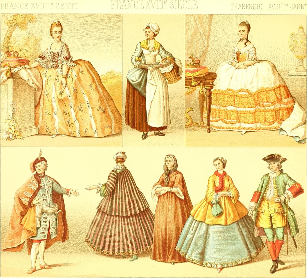An illustration from Le costume historique. Cinq cents planches, trois cents en couleurs, or et argent, deux cents en camaieu. Types principaux du vêtement et de la parure, rapprochés de ceux de l'intérieur de l'habitation dans tous les temps et chez tous les peuples, avec de nombreux détails sur le mobilier, les armes, les objets usuels, les moyens de transport, etc, 1888, leaf 324