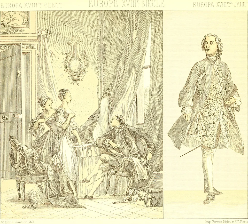 An illustration from Le costume historique. Cinq cents planches, trois cents en couleurs, or et argent, deux cents en camaieu. Types principaux du vêtement et de la parure, rapprochés de ceux de l'intérieur de l'habitation dans tous les temps et chez tous les peuples, avec de nombreux détails sur le mobilier, les armes, les objets usuels, les moyens de transport, etc, 1888, leaf 328