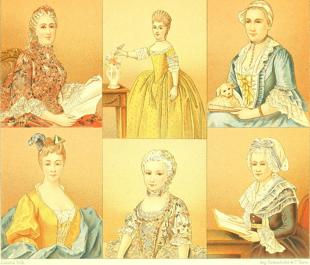 An illustration from Le costume historique. Cinq cents planches, trois cents en couleurs, or et argent, deux cents en camaieu. Types principaux du vêtement et de la parure, rapprochés de ceux de l'intérieur de l'habitation dans tous les temps et chez tous les peuples, avec de nombreux détails sur le mobilier, les armes, les objets usuels, les moyens de transport, etc, 1888, leaf 334