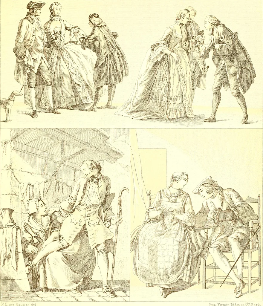 An illustration from Le costume historique. Cinq cents planches, trois cents en couleurs, or et argent, deux cents en camaieu. Types principaux du vêtement et de la parure, rapprochés de ceux de l'intérieur de l'habitation dans tous les temps et chez tous les peuples, avec de nombreux détails sur le mobilier, les armes, les objets usuels, les moyens de transport, etc, 1888, leaf 338