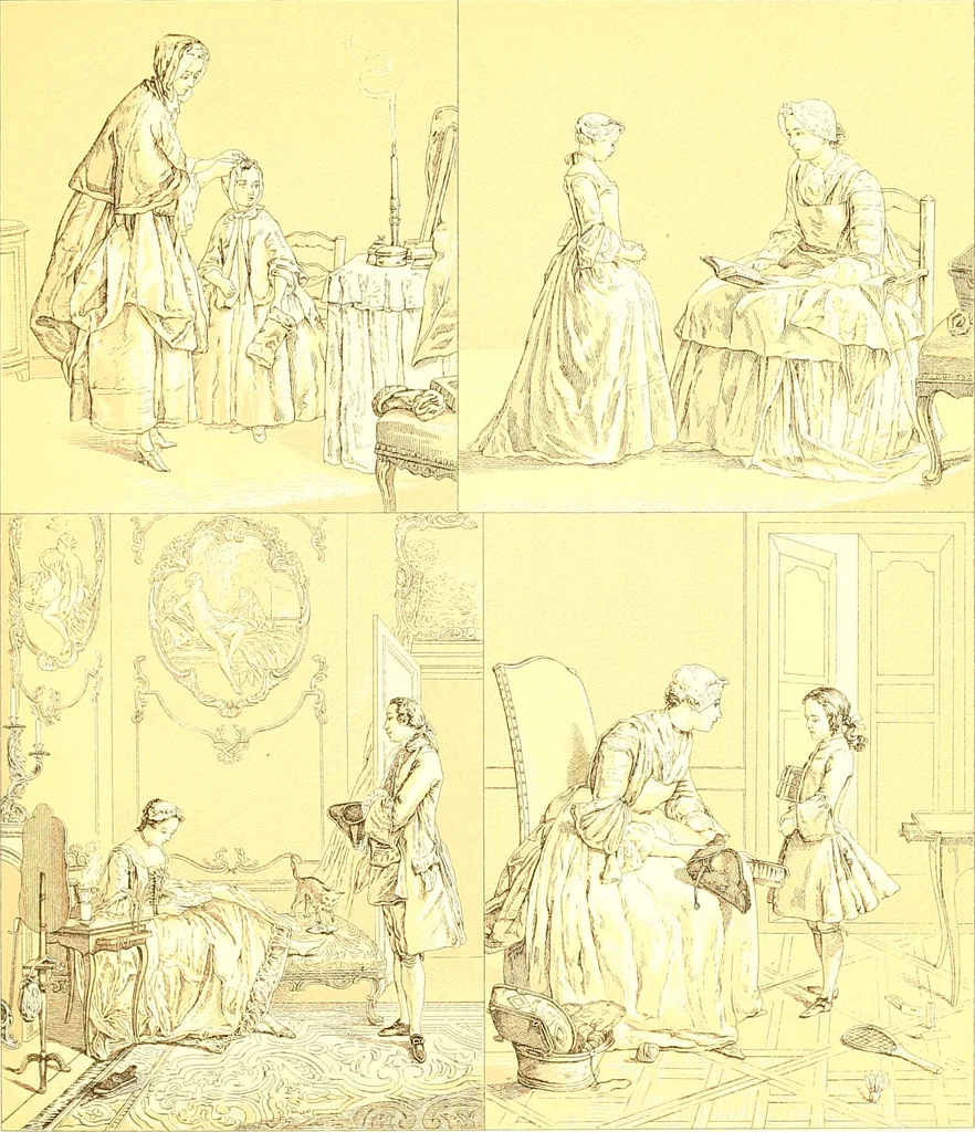 An illustration from Le costume historique. Cinq cents planches, trois cents en couleurs, or et argent, deux cents en camaieu. Types principaux du vêtement et de la parure, rapprochés de ceux de l'intérieur de l'habitation dans tous les temps et chez tous les peuples, avec de nombreux détails sur le mobilier, les armes, les objets usuels, les moyens de transport, etc, 1888, leaf 342