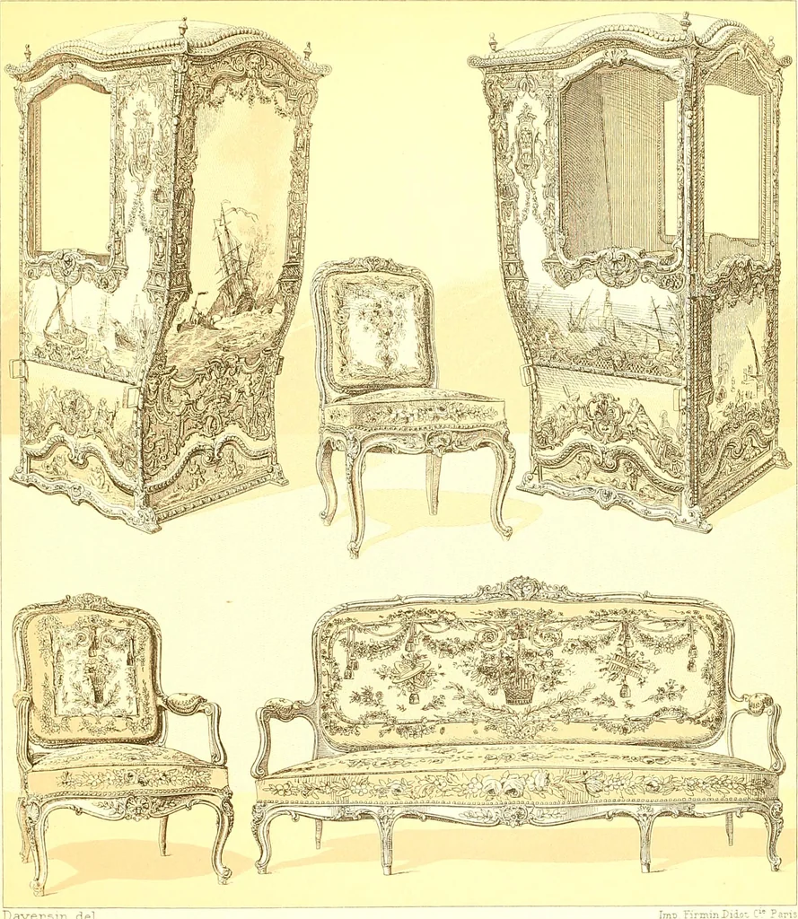 An illustration from Le costume historique. Cinq cents planches, trois cents en couleurs, or et argent, deux cents en camaieu. Types principaux du vêtement et de la parure, rapprochés de ceux de l'intérieur de l'habitation dans tous les temps et chez tous les peuples, avec de nombreux détails sur le mobilier, les armes, les objets usuels, les moyens de transport, etc, 1888, leaf 346